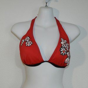 Malibu distressed floral print triangle style bikini top separate, red/black/wht